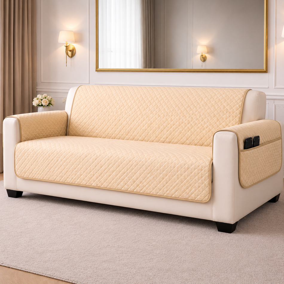 Linen Blossom Reversible Cotton Quilted Sofa Cover with Armrest & Storage Pocket –  (1, 2 & 3 Seater | 24x60, 48x60, 70x60 Inch)