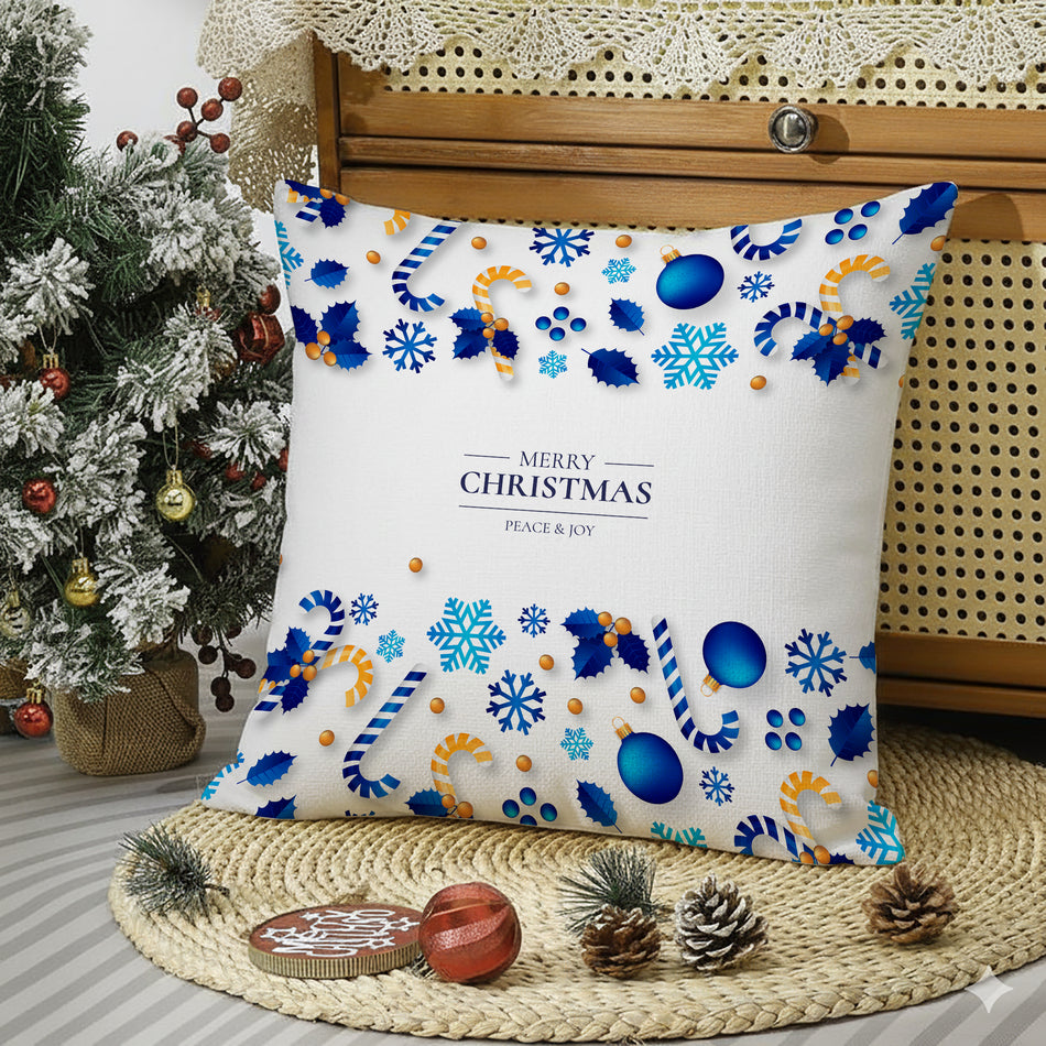 Elegant Merry Christmas Cushion Cover – Blue & White Winter Design