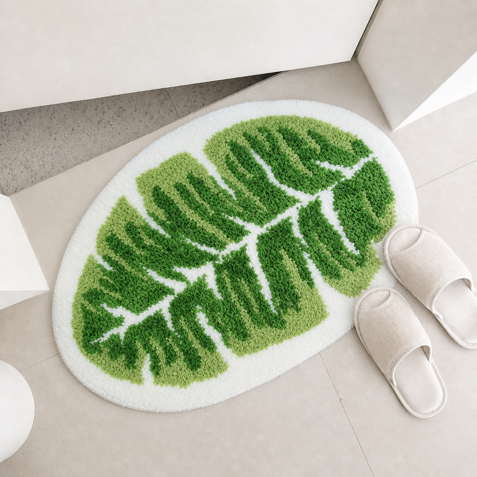 Monstera Leaf Plush Bath Mat – Soft Absorbent Tropical Leaf Floor Mat for Bathroom, Bedroom & Home Décor, 40×60 cm