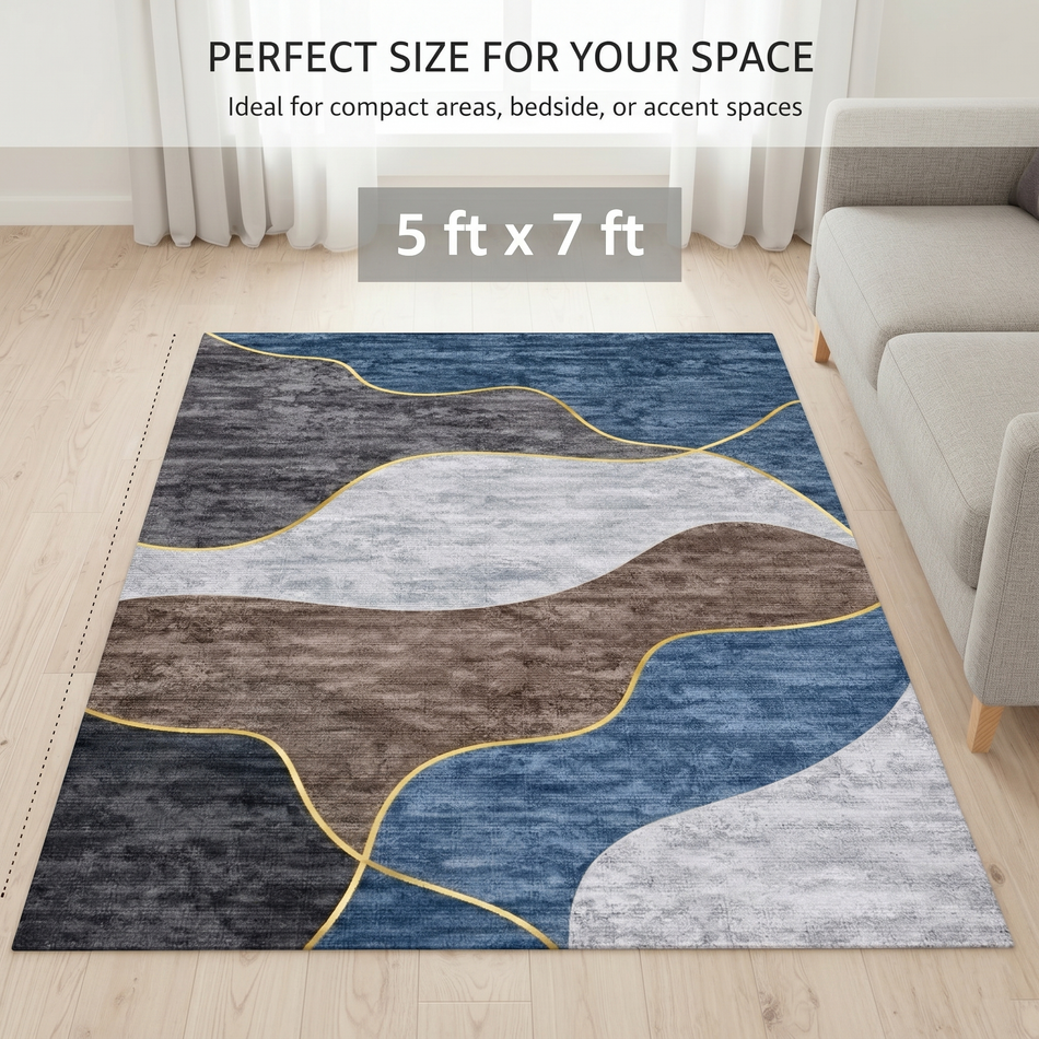 Golden Tide Modern Abstract Wave Rug for Living Room | Contemporary Gold Line Print Carpet with Textured Look | Blue, Grey & Brown 5 feet x 7 feet for Home Decor