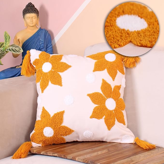 Hand-Tufted Floral Cushion Cover - Cream