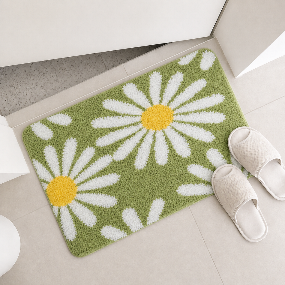 Meadow Daisy Plush Foot Mat – Soft Absorbent Anti-Skid Floor Mat for Bathroom, Bedroom & Home, 40×60 cm