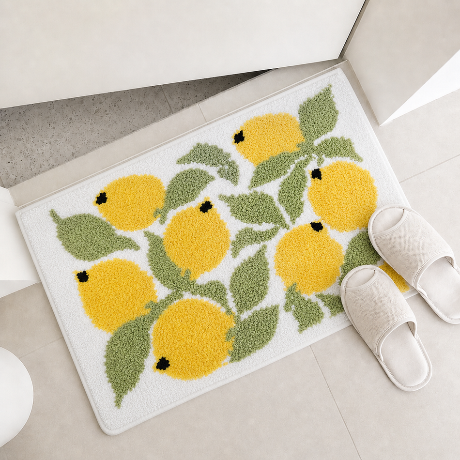 Lemon Grove Plush Foot Mat – Soft Absorbent Fruit Floor Mat for Bathroom, Bedroom & Home Décor, 40×60 cm