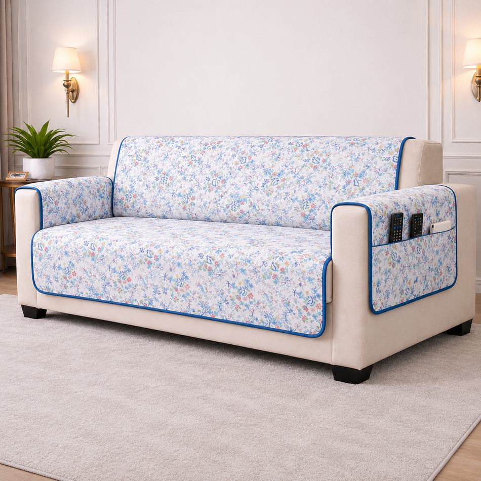 Blue Blossom Reversible Cotton Quilted Sofa Cover with Armrest & Storage Pocket –  (1, 2 & 3 Seater | 24x60, 48x60, 70x60 Inch)