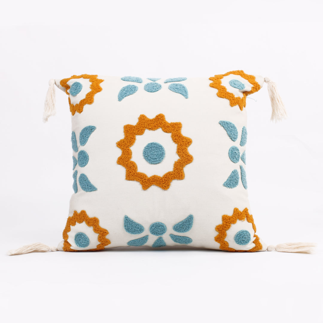 Floral Tufted Cushion Cover with Tassel 16 X 16 Inches Pack of 1