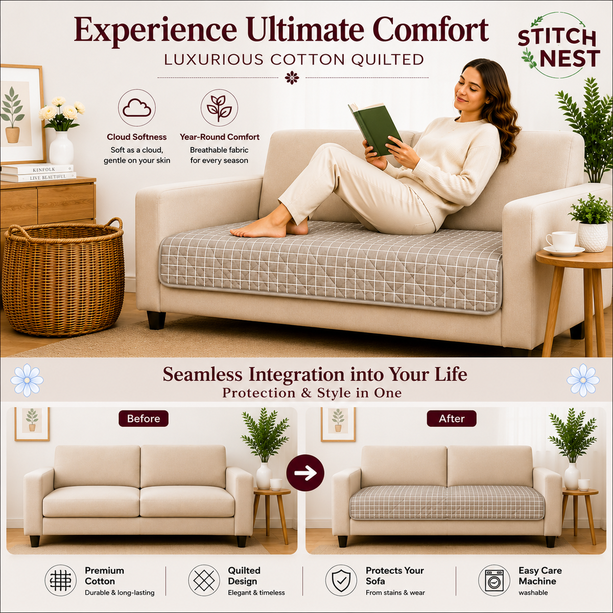 3 Seater (70x30 Inch),Grid Luxe