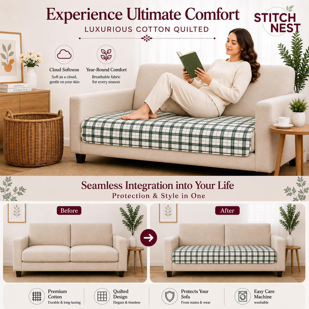 2 Seater (48x30 Inch),Cottage Check