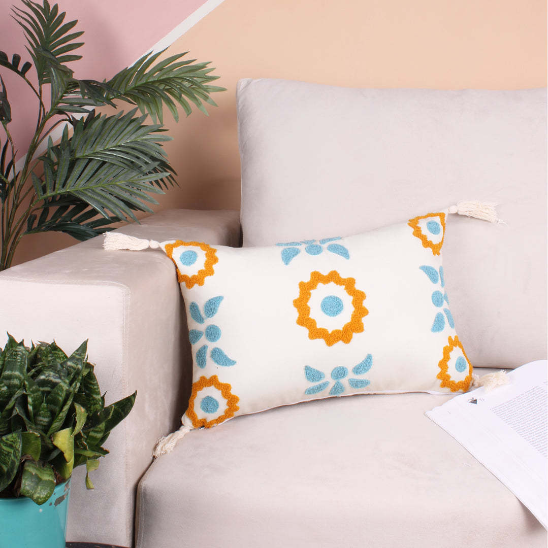 Floral Tufted Cushion Cover with Tassel 12 X 18 Inches Pack of 1