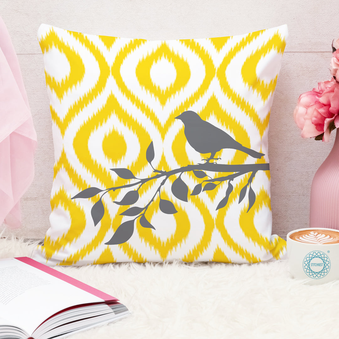 Soft Touch Luxurious Yellow Bird Printed Cotton Canvas Cushion Cover Set of 2