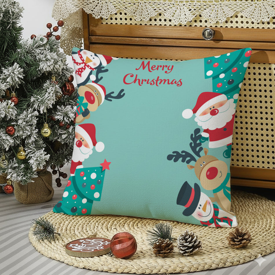 Merry Christmas Cushion Cover – Cute Santa & Reindeer Characters