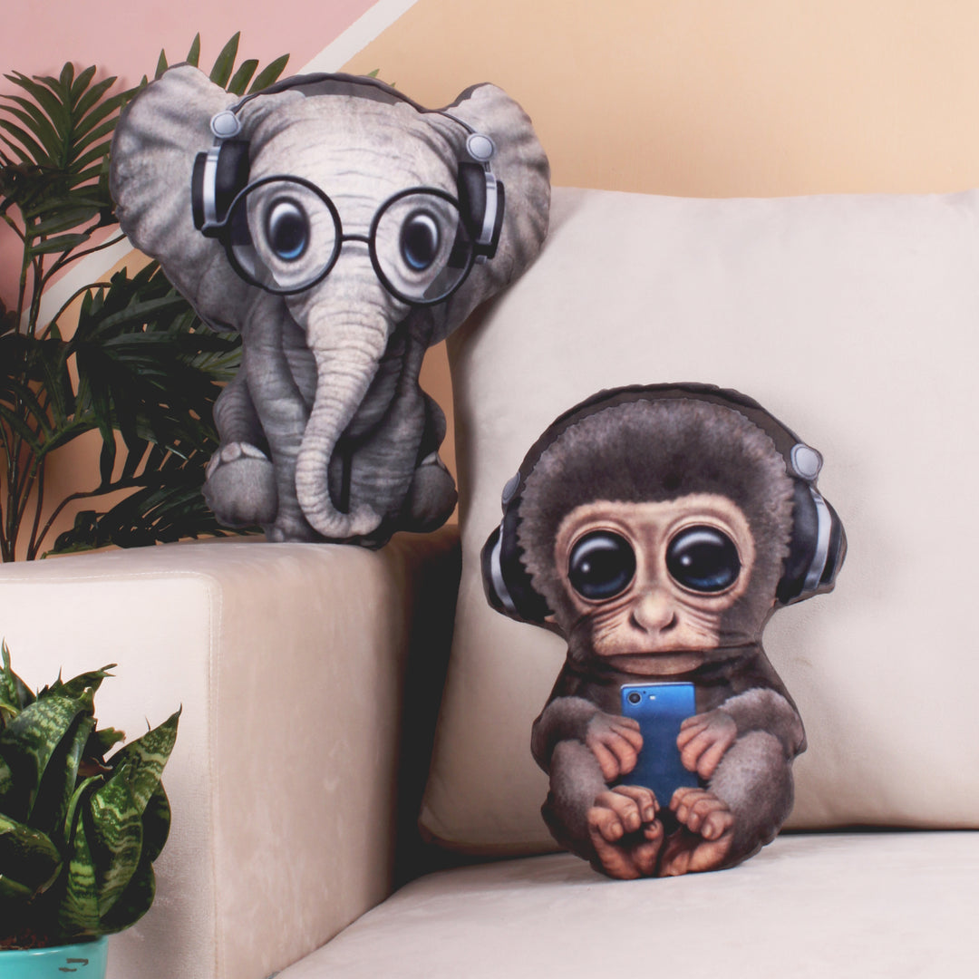 Pack of 2 Addorable Cuddly and Perfect Plush Cute Shaped Cushion for all ages - Monkey & Elephant