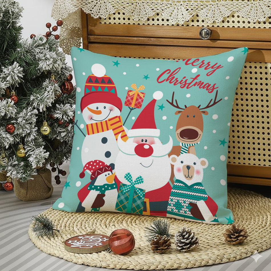 Merry Christmas Cartoon Character Cushion Cover – Santa, Snowman & Reindeer - 16x16 Inches