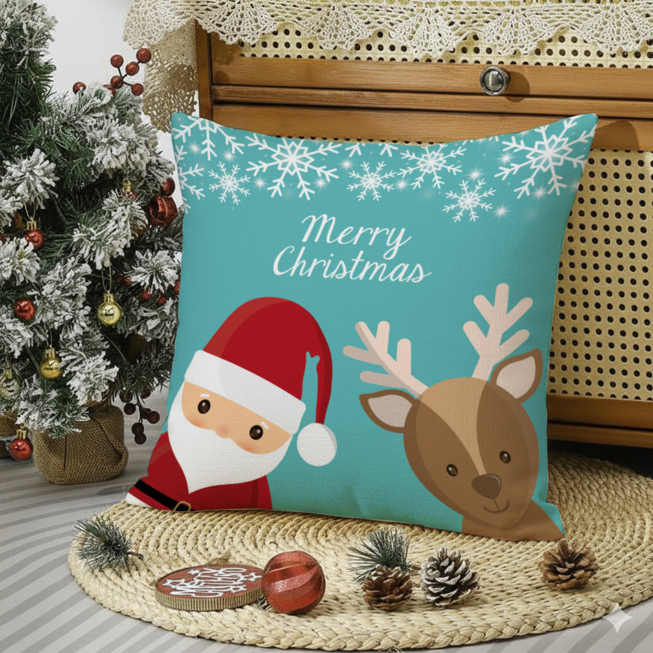 Merry Christmas Cushion Cover with Santa & Reindeer – 16x16 Inches