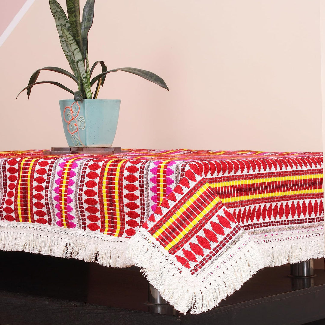 Aztec Red Woven Fabric Table Cover with Lace