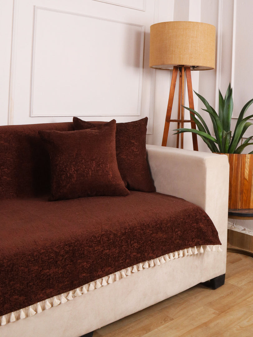 Brown Chenille Sofa Cover 24x60 Inch – Soft, Durable & Textured Fabric with Tassels | Full Coverage   Sofa for Living Room, Bedroom, or Drawing Room