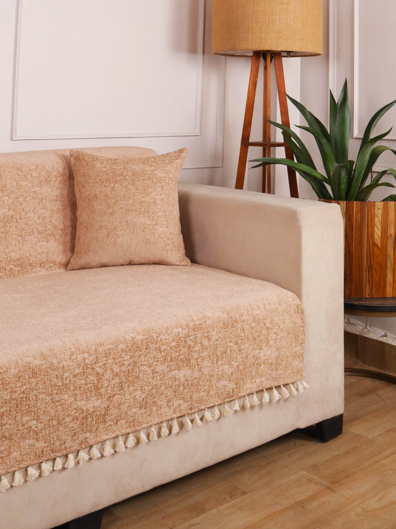 Beige Chenille Sofa Cover 24x60 Inch – Soft, Durable & Textured Fabric with Tassels | Full Coverage Sofa for Living Room, Bedroom, or Drawing Room