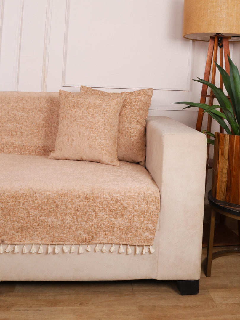 Beige Chenille Sofa Cover 24x60 Inch – Soft, Durable & Textured Fabric with Tassels | Full Coverage Sofa for Living Room, Bedroom, or Drawing Room