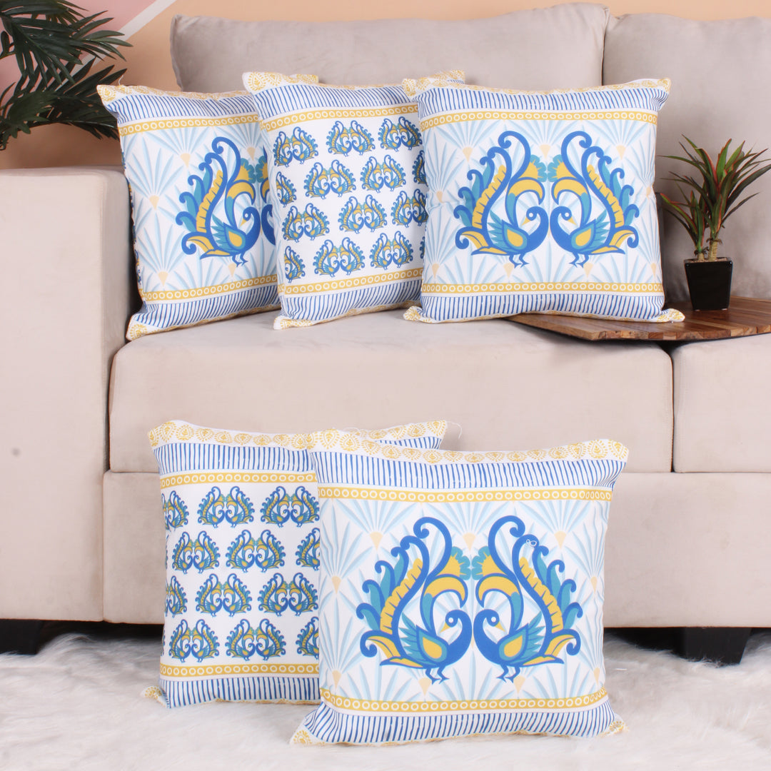 Both Side Block Print Peacock Cushion Cover Set of 5