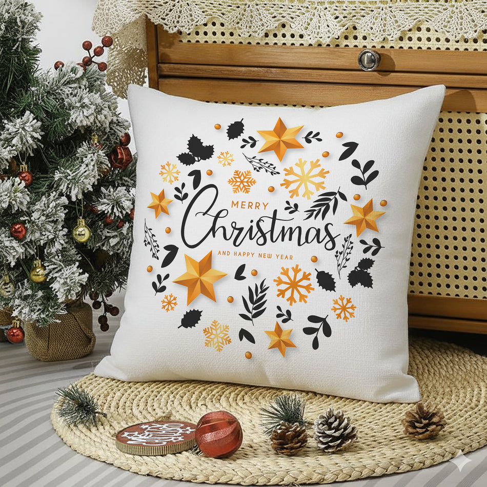 Premium Merry Christmas Cushion Cover – Golden Star Wreath Design – 16x16 Inches