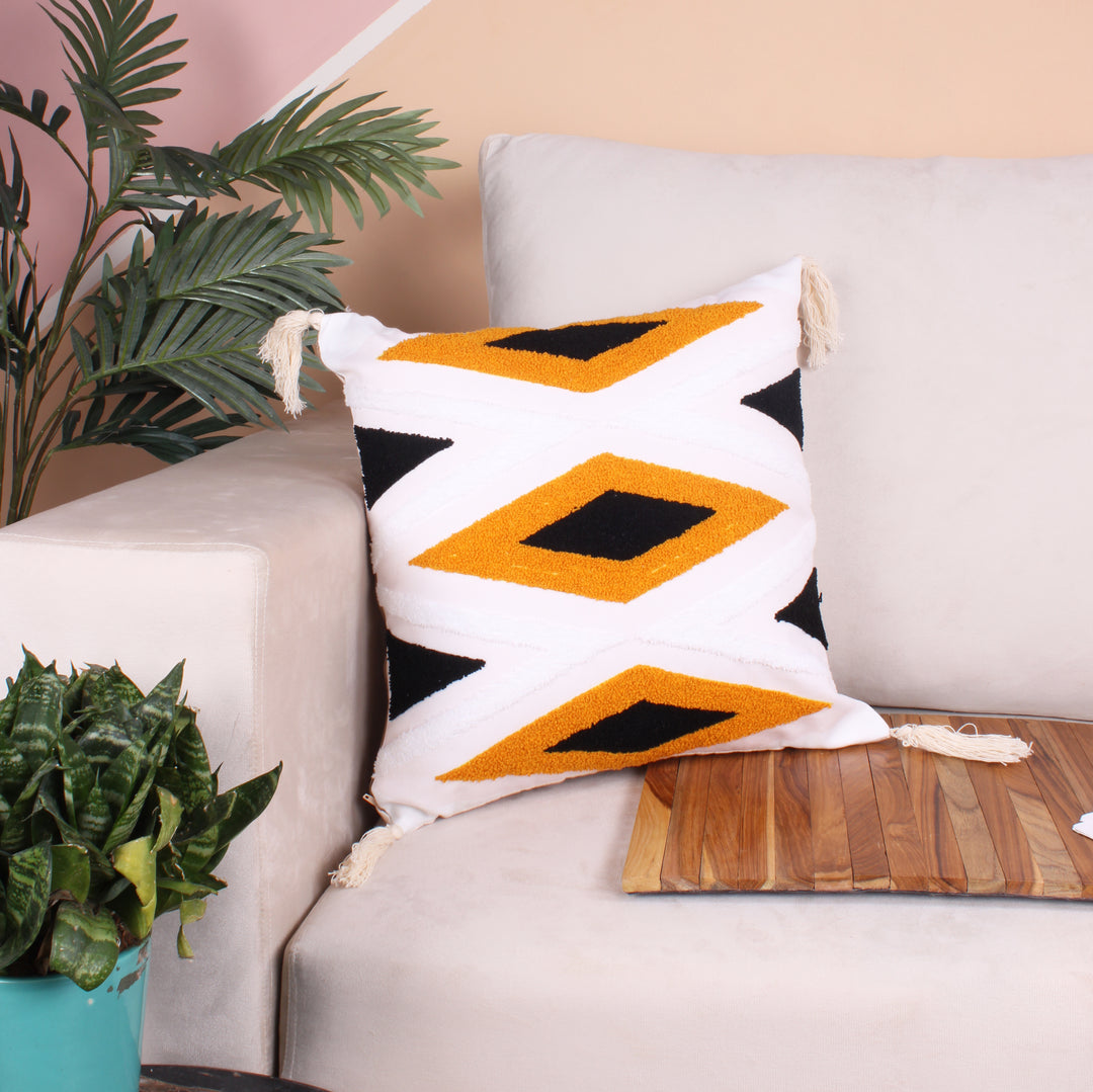 Aztec Tufted Cushion Cover with Tassel 16 X 16 Inches Pack of 1