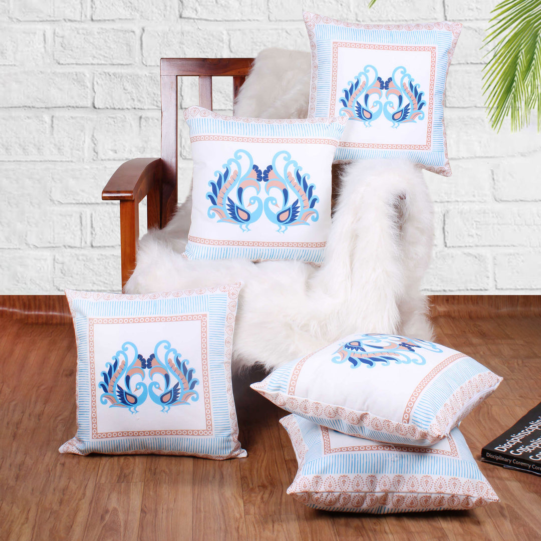Both Side Block Print Peacock Cushion Cover Set of 5