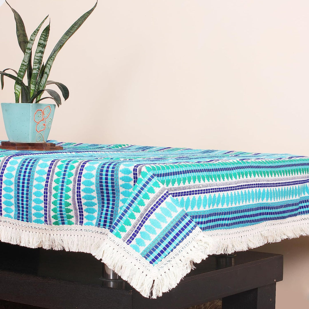Aztec Blue Woven Fabric Table Cover with Lace