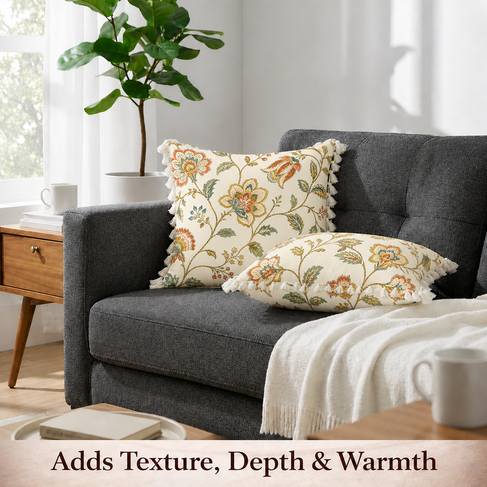 Botanical Ivory Polycotton Cushion Covers with Tassels – Set of 2 (24 x 24 in) (Beige)