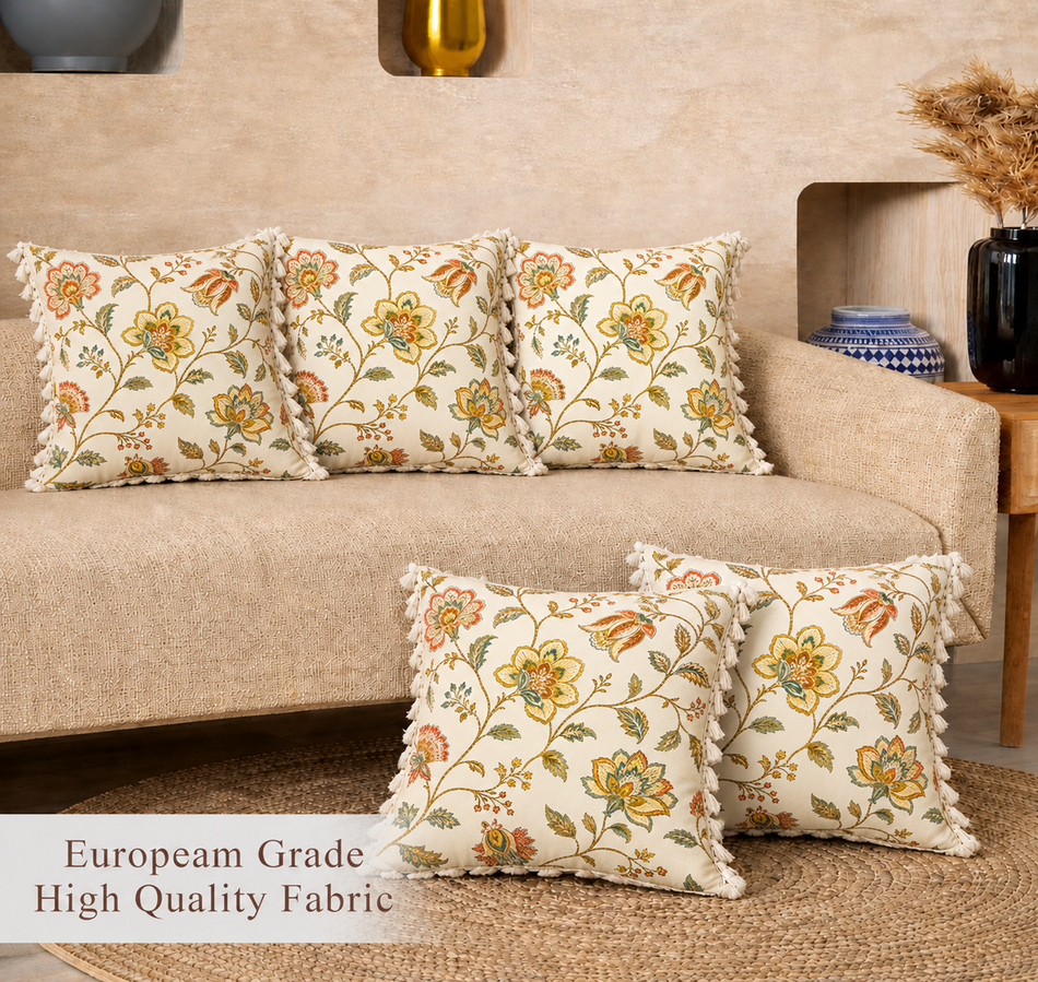 Botanical Ivory Polycotton Cushion Covers with Tassels – Set of 5 (16 x 16 in) (Beige)