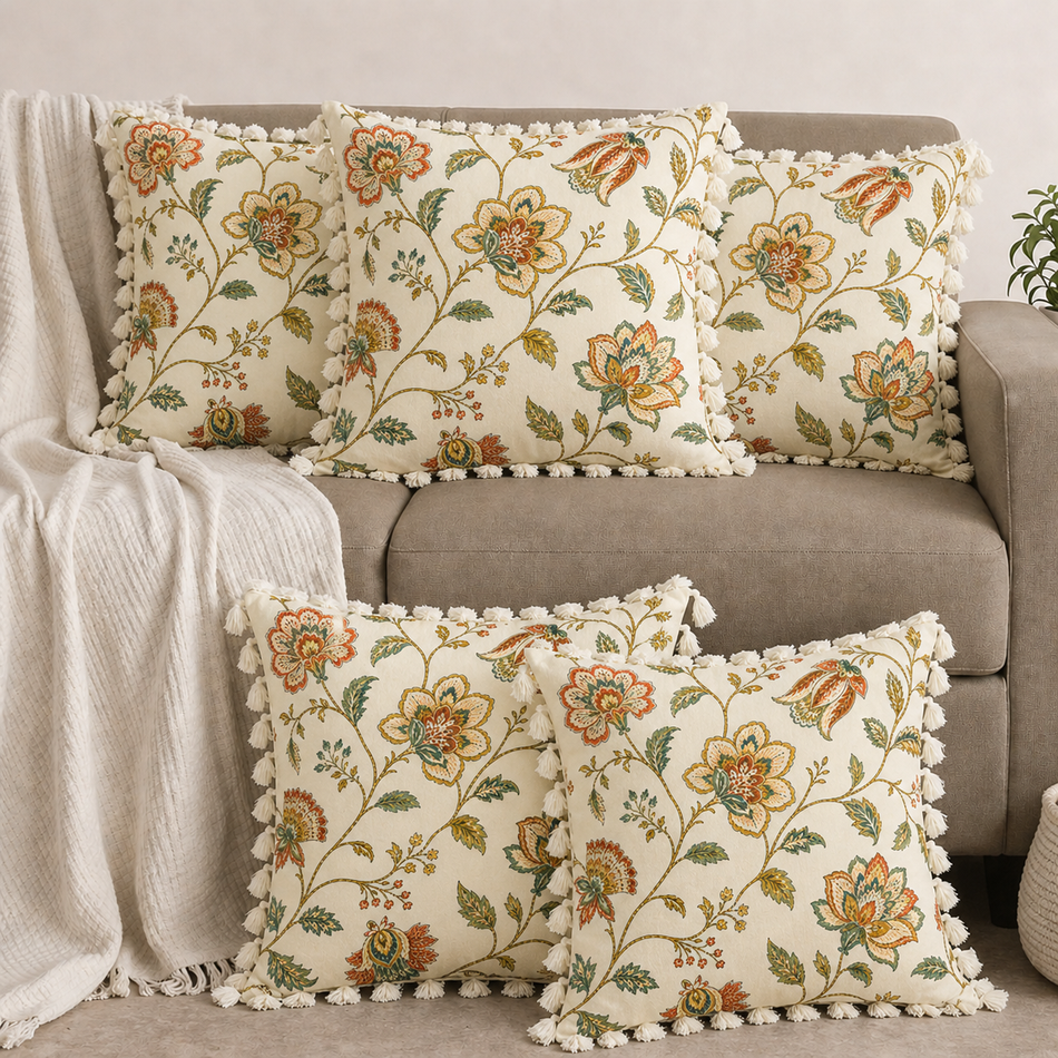 Botanical Ivory Polycotton Cushion Covers with Tassels – Set of 5 (16 x 16 in) (Beige)