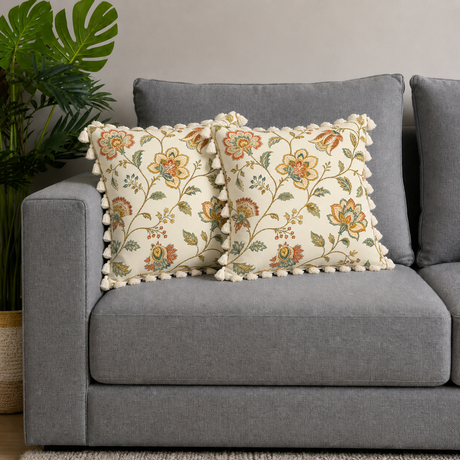 Botanical Ivory Polycotton Cushion Covers with Tassels – Set of 2 (16 x 16 in) (Beige)