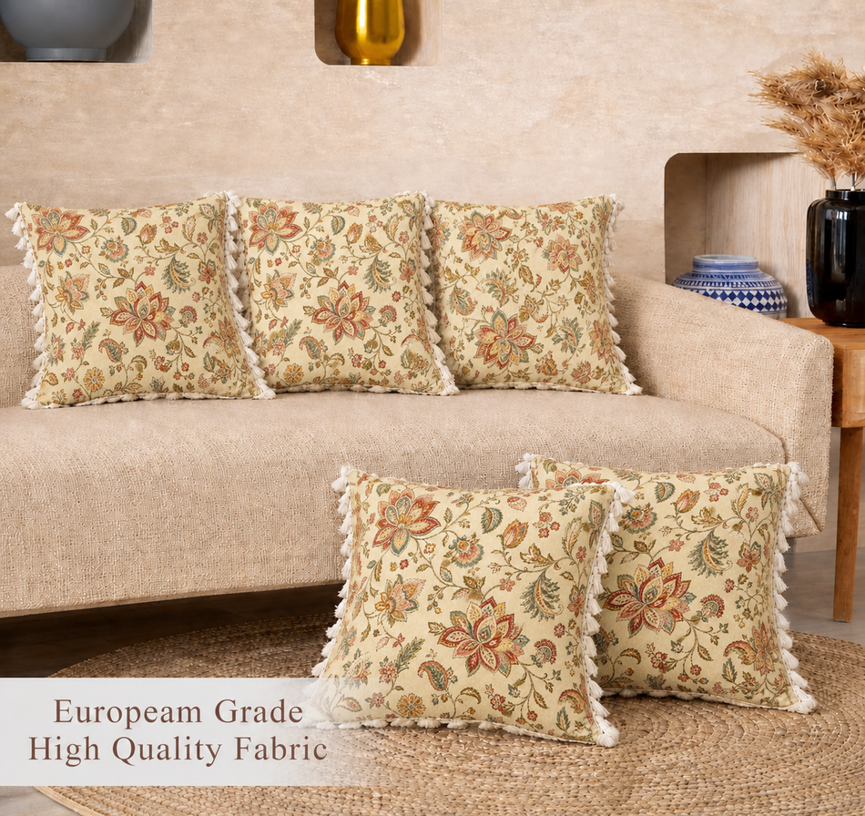 Classic Botanical Polycotton Cushion Covers – Set of 5 (16 x 16 in) (Beige)
