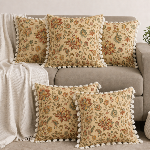 Classic Botanical Polycotton Cushion Covers – Set of 5 (16 x 16 in) (Beige)