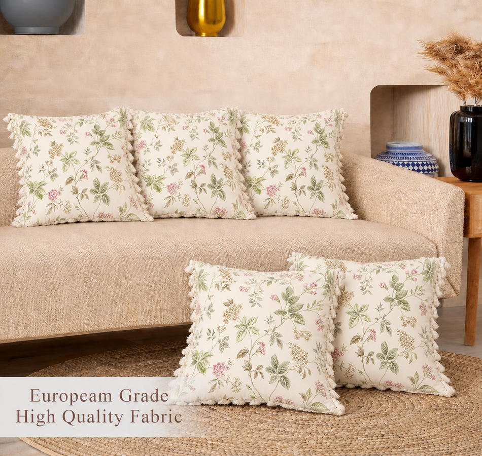 Soft Floral Polycotton Cushion Covers with Tassels – Set of 5 (16 x 16 in) (Cream)