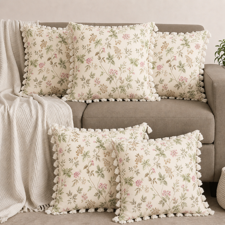 Soft Floral Polycotton Cushion Covers with Tassels – Set of 5 (16 x 16 in) (Cream)