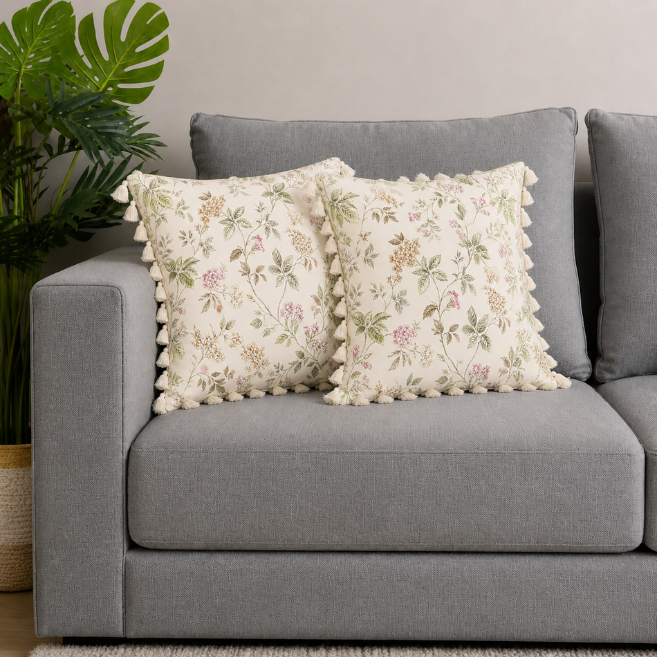 Soft Floral Polycotton Cushion Covers with Tassels – Set of 2 (16 x 16 in) (Cream)