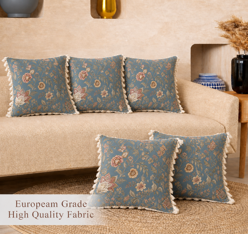 Vintage Floral Polycotton Cushion Covers with Tassels – Set of 5 (16 x 16 in) (Blue)