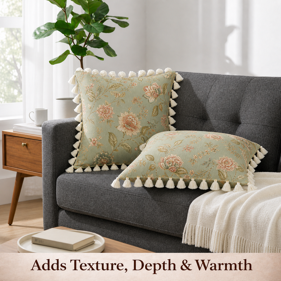 Sage Green Floral Polycotton Cushion Covers with Tassels – Set of 2 (24 x 24 in) (Sage Green)