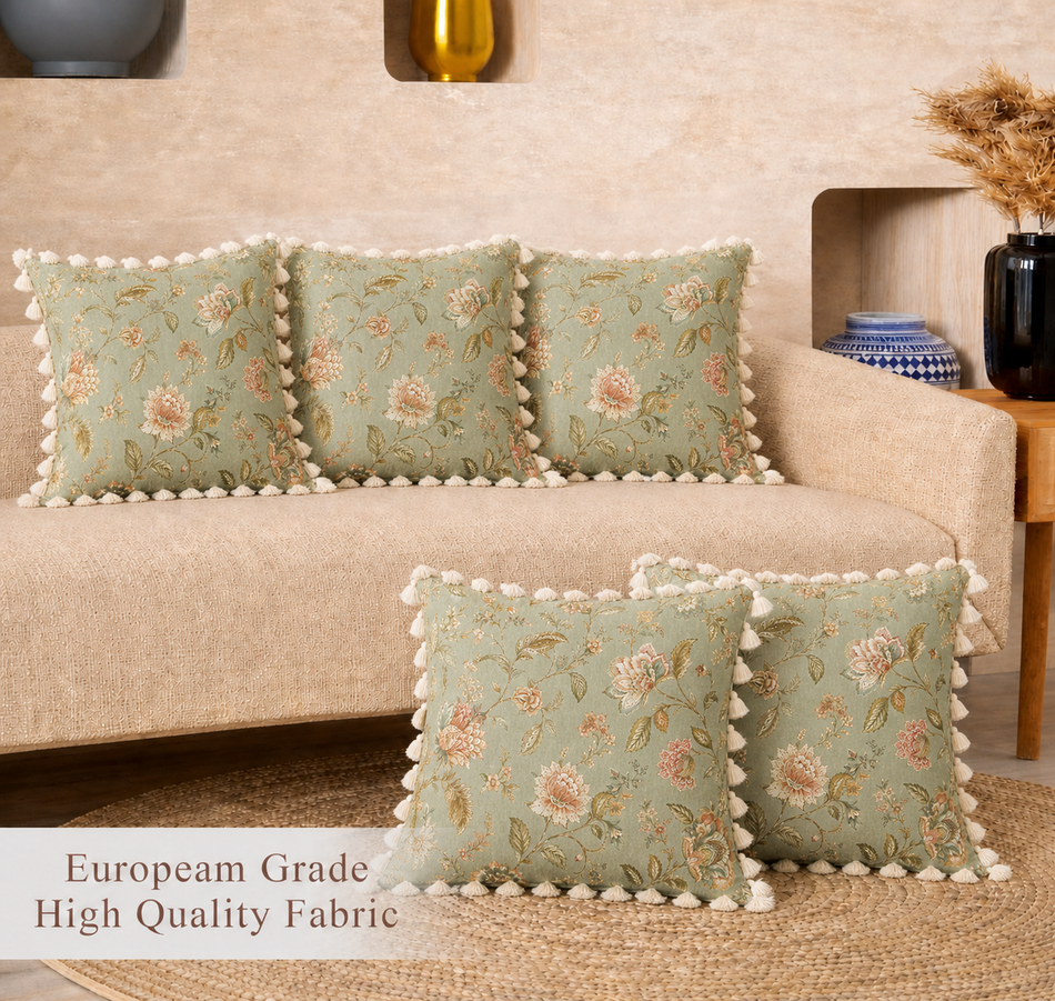 Sage Green Floral Polycotton Cushion Covers with Tassels – Set of 5 (16 x 16 in) (Sage Green)