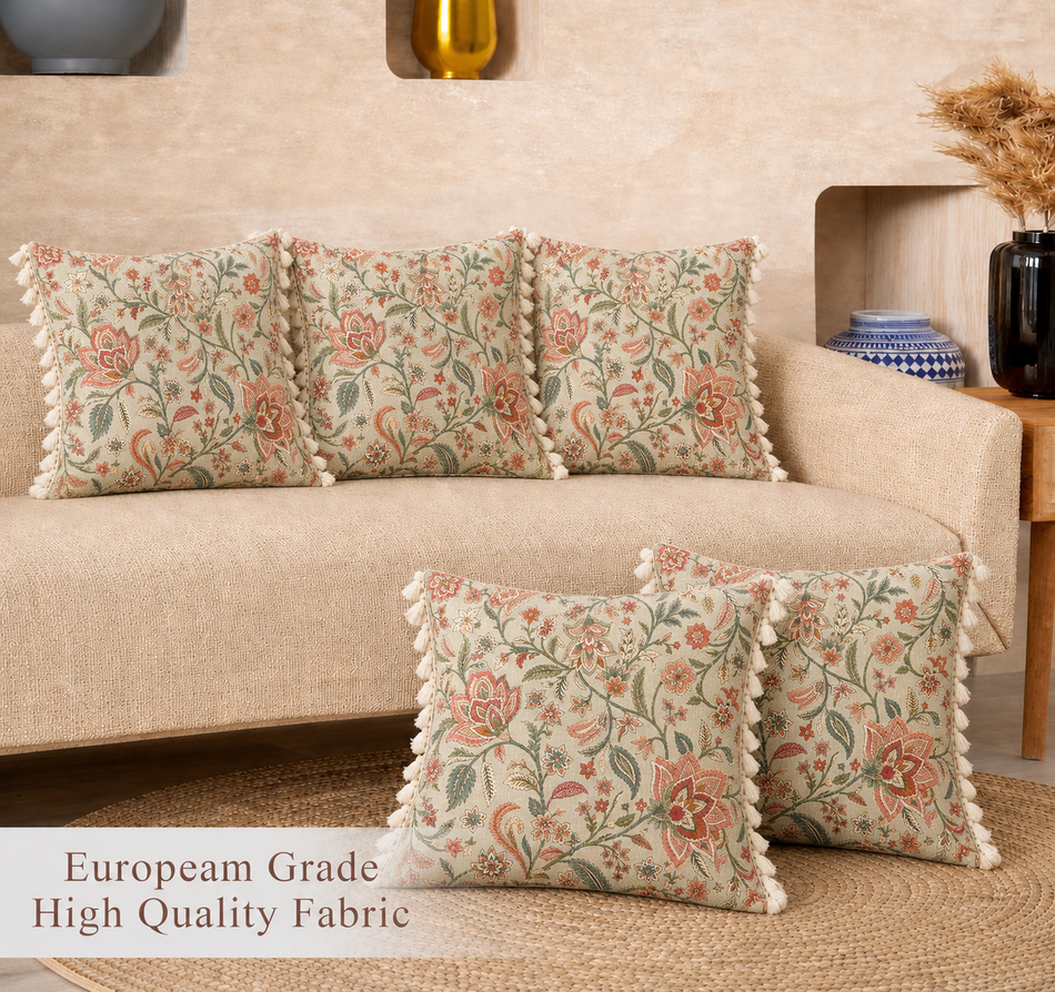Heritage Floral Polycotton Cushion Covers with Tassels – Set of 5 (16 x 16 in) (Beige)