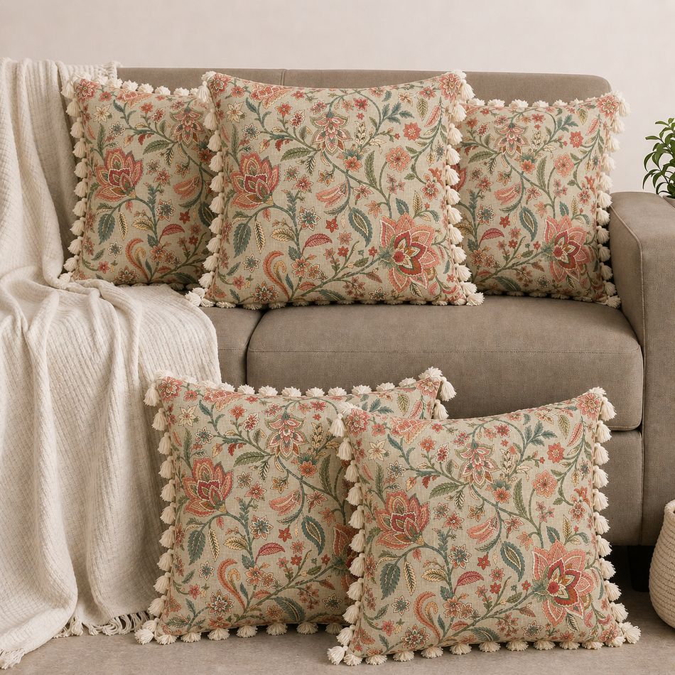 Heritage Floral Polycotton Cushion Covers with Tassels – Set of 5 (16 x 16 in) (Beige)
