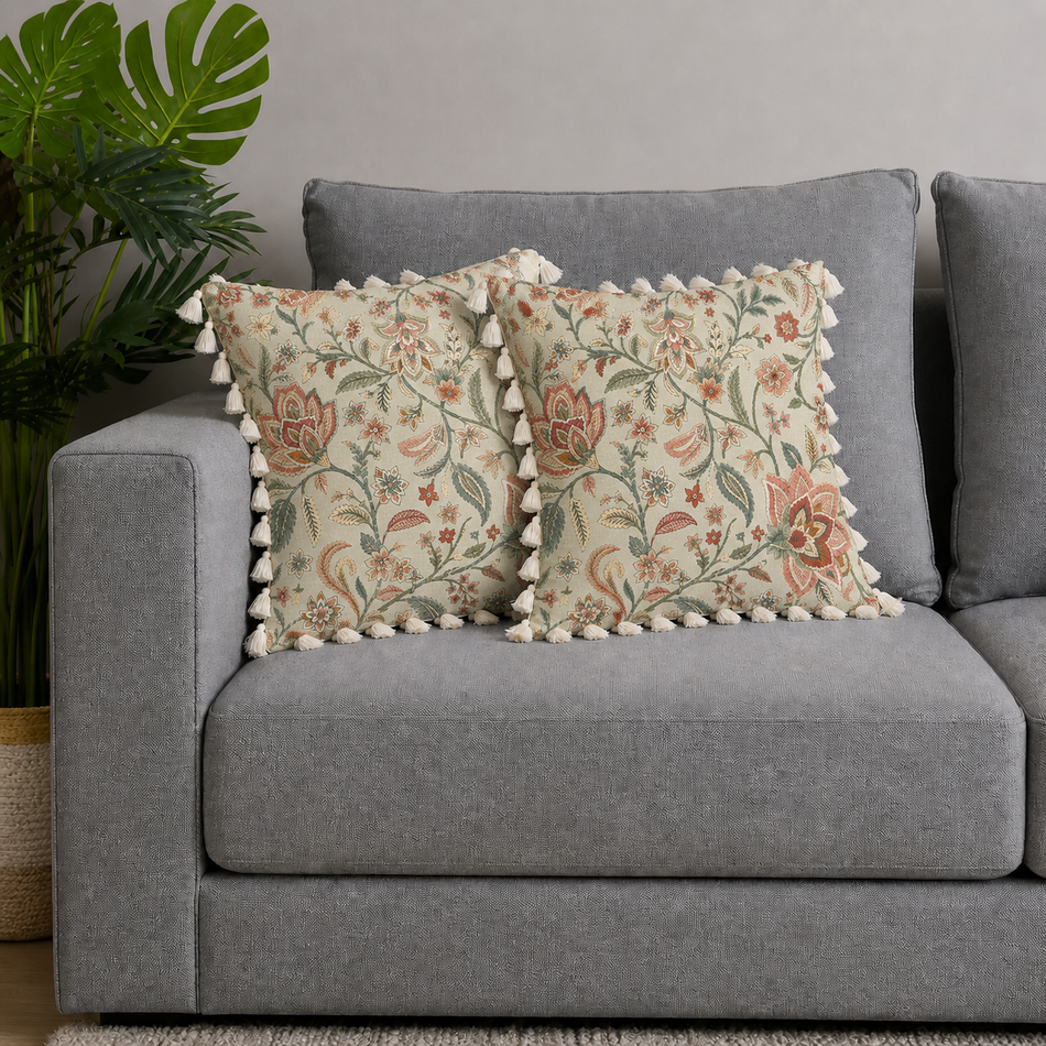 Heritage Floral Polycotton Cushion Covers with Tassels – Set of 2 (16 x 16 in) (Beige)