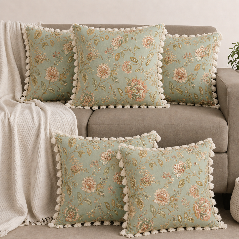Sage Green Floral Polycotton Cushion Covers with Tassels – Set of 5 (16 x 16 in) (Sage Green)