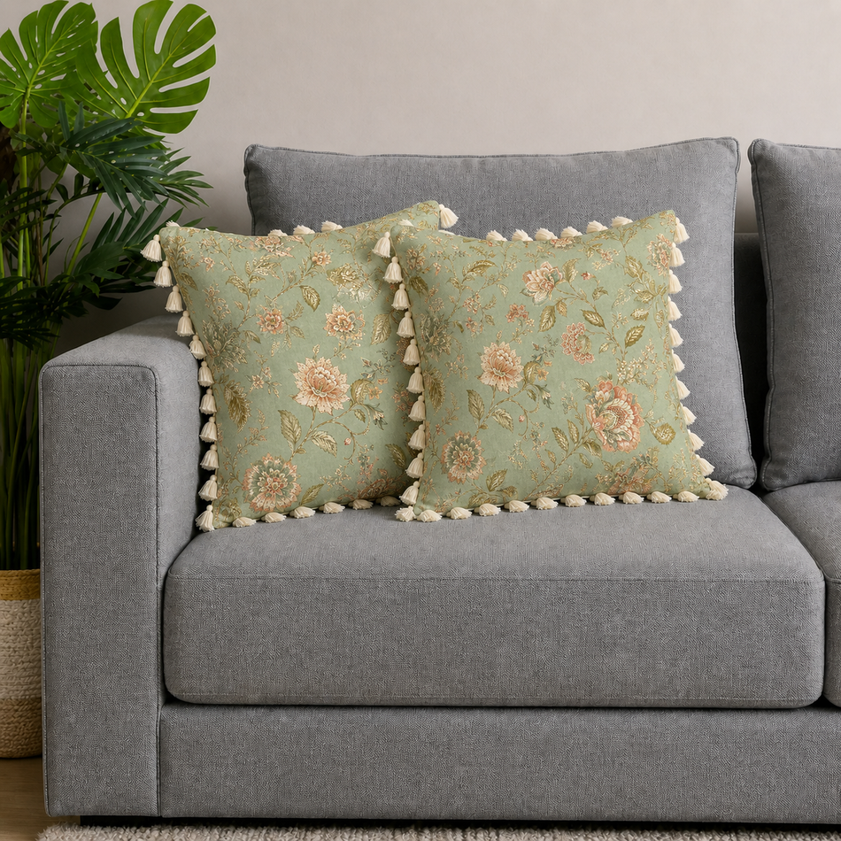 Sage Green Floral Polycotton Cushion Covers with Tassels – Set of 2 (24 x 24 in) (Sage Green)