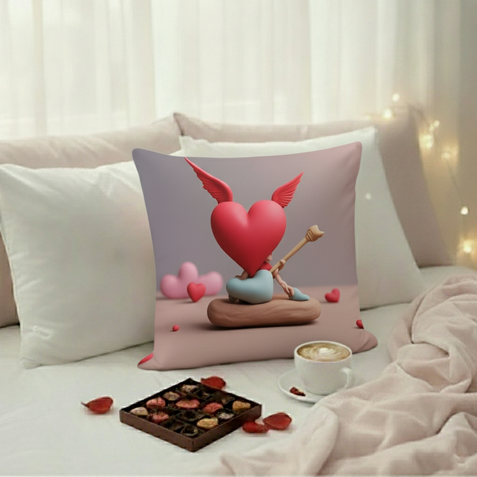Valentine Romantic Heart Cupid Cushion Cover (16x16 Inches)