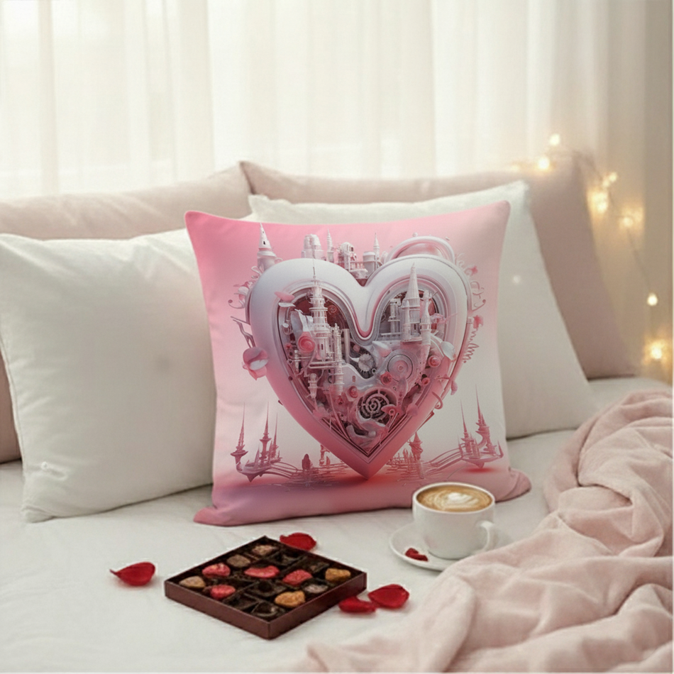 Valentine Heart Castle Cushion Cover (16x16 Inches)