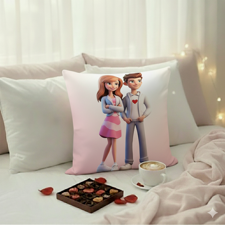 Valentine Romantic Cartoon Couple Cushion Cover (16x16 Inches)