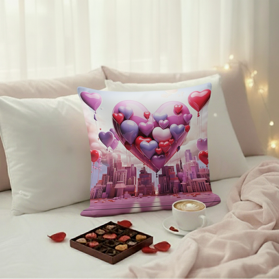Valentine Heart Balloons Cushion Cover (16x16 Inches)