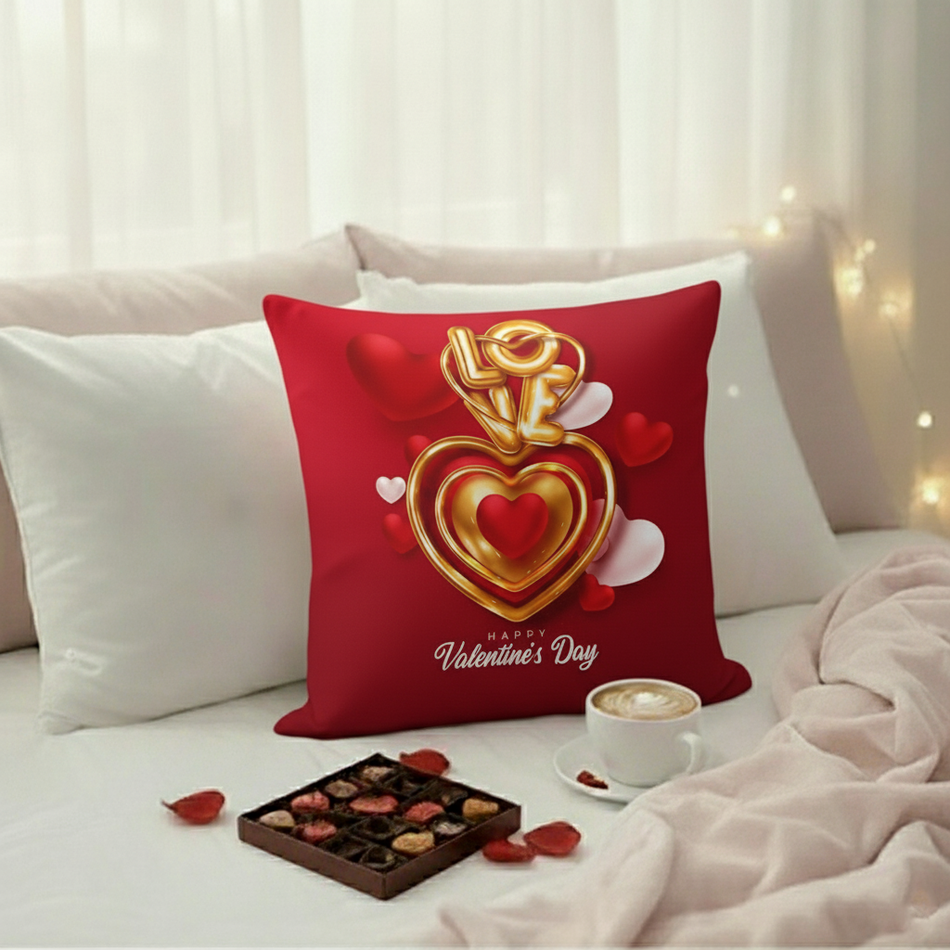 Red & Gold Valentine Cushion Cover (16x16 Inches)