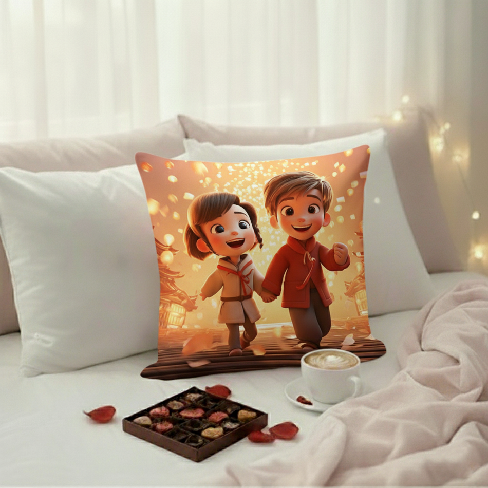 Valentine Cheerful Couple Lantern Cushion Cover (16x16 Inches)