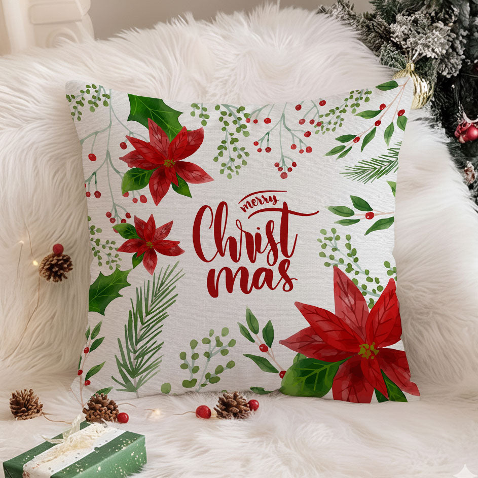 Merry Christmas Floral Cushion Cover - 16x16 Inches